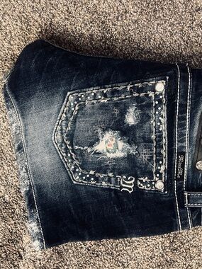 Miss Me Dark Blue Distressed Denim Jean Shorts with Embroidered Pocket Size 29